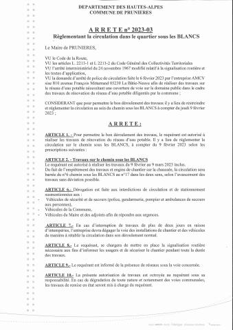 Arrêté 2023-3 Circulation interdite chemin sous les blancs p1